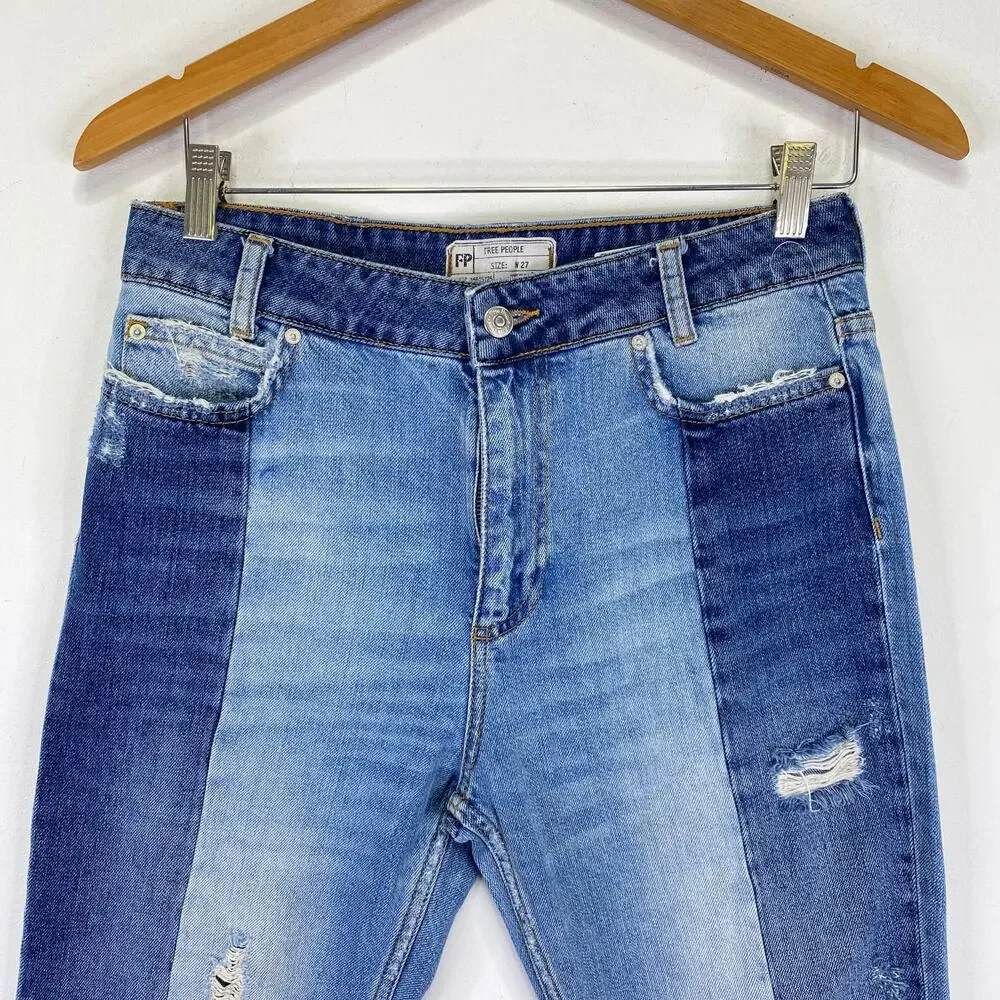 Free People Patchwork 2 Tone Boyfriend Jeans Sz 27 High Rise Cropped Distressed - Picture 4 of 12